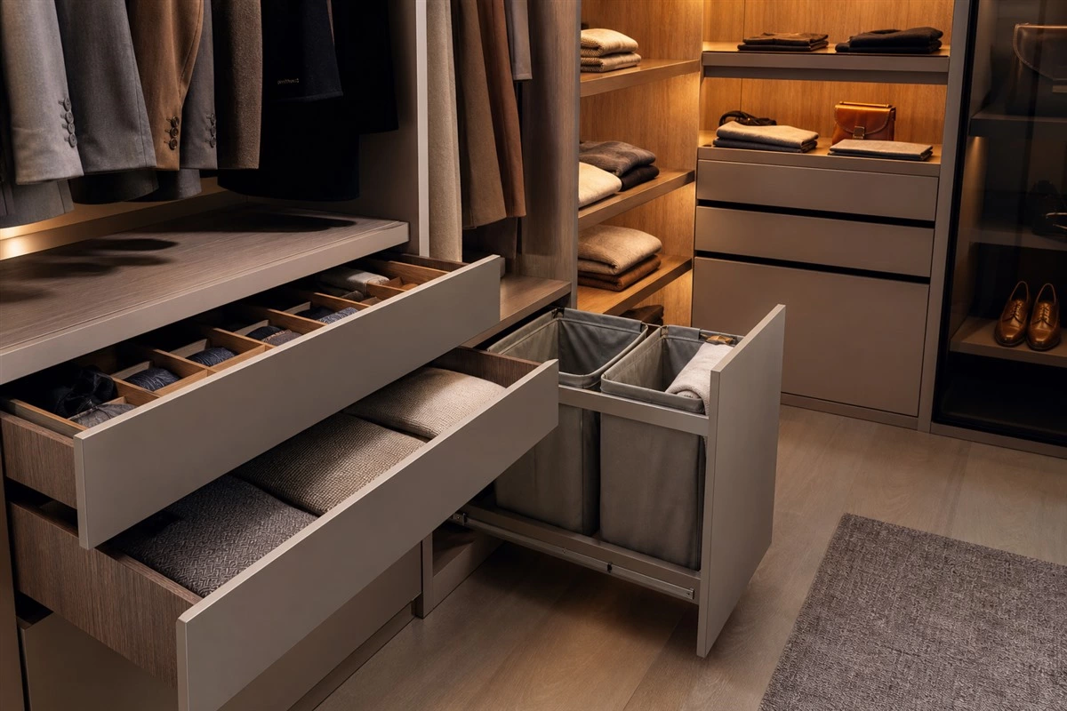 Walk-in closet drawers, pull-out hampers and organized clothing storage
