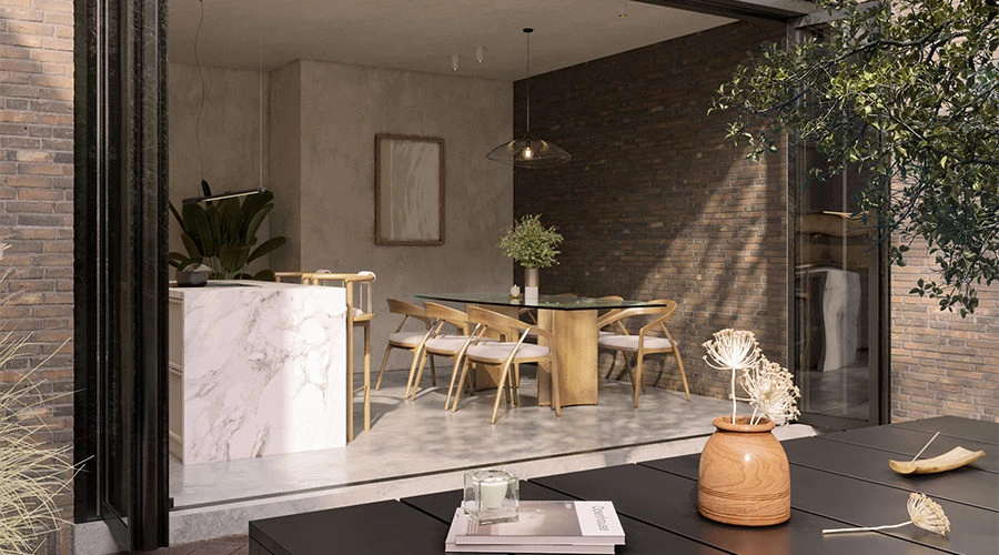 Courtyard Connected Open Kitchen With Island | A Minimal Living Space