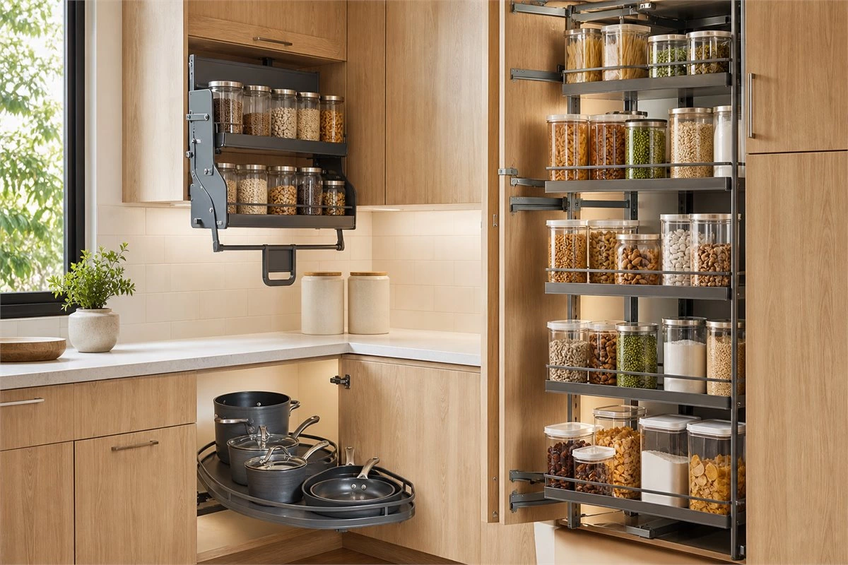 Custom kitchen cabinet storage organization with practical drawers and dividers