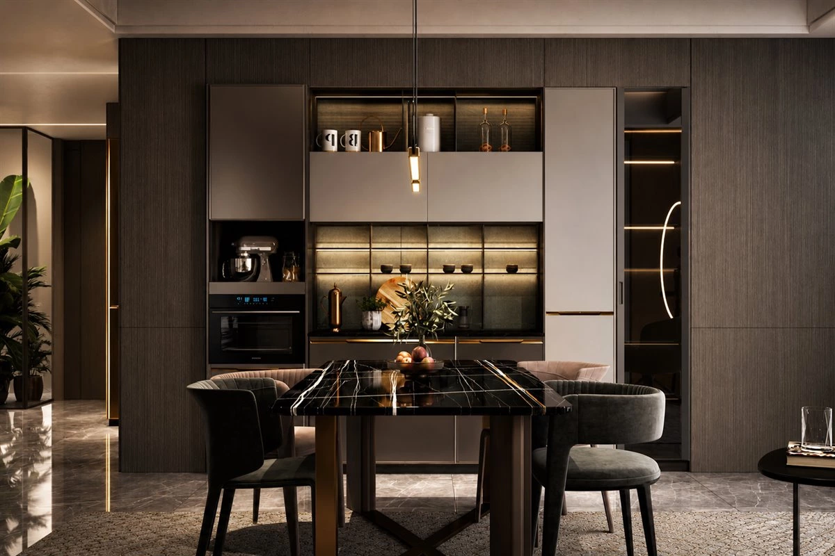 Dining sideboard with glass wine cabinet Custom dining sideboard with glass wine cabinet and integrated lighting
