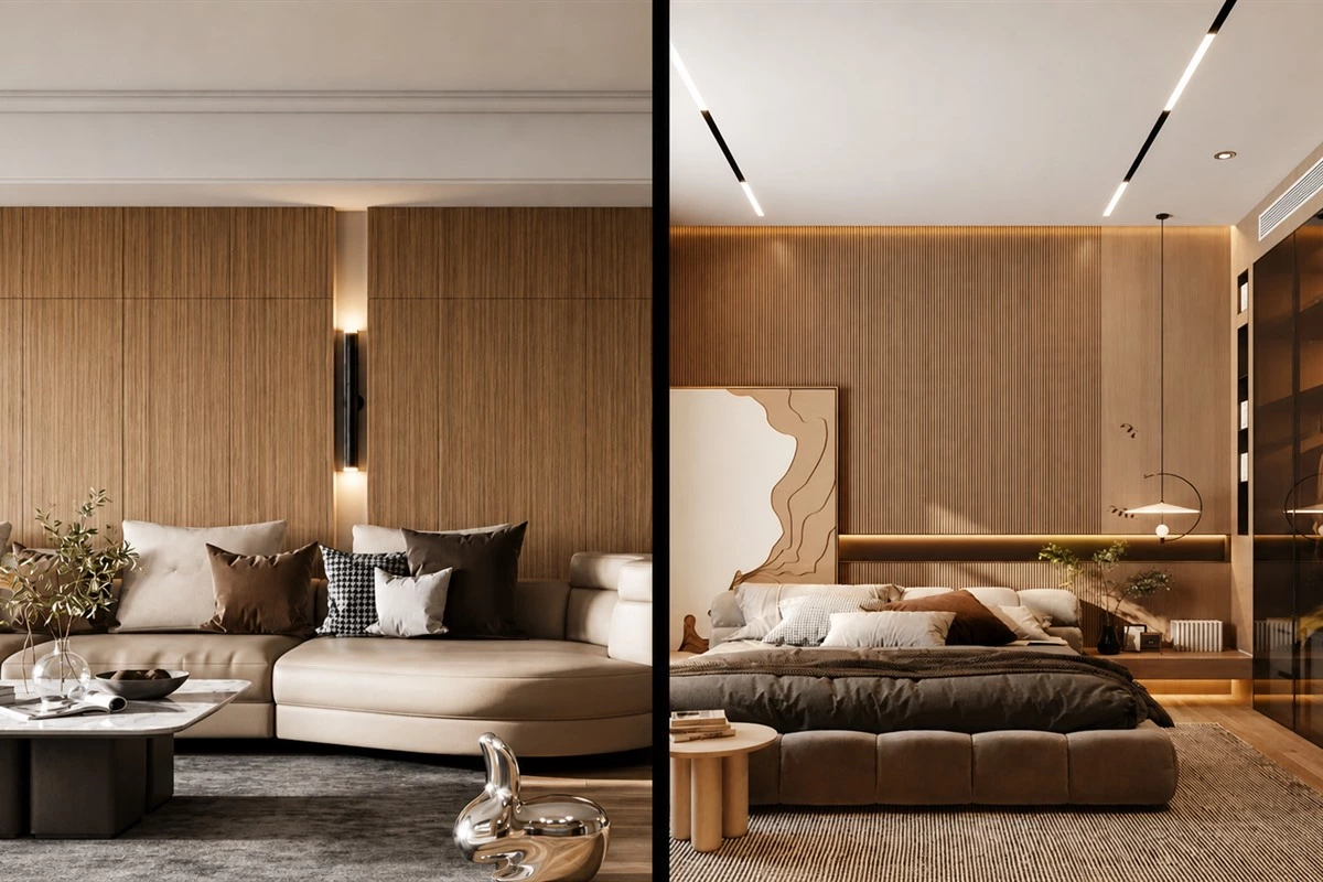 Earth tone interior with layered soft furnishings rugs cushions and curtains