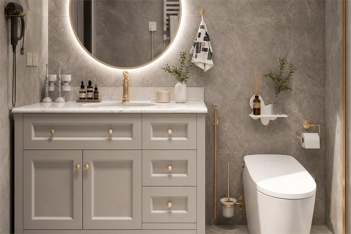 Floor-standing bathroom vanity cabinet with practical lower storage