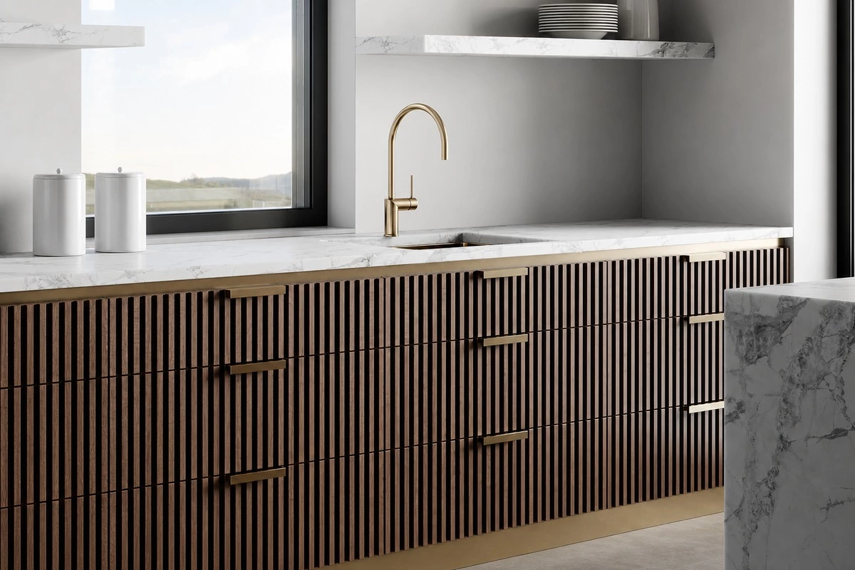 Fluted cabinet doors with refined vertical texture