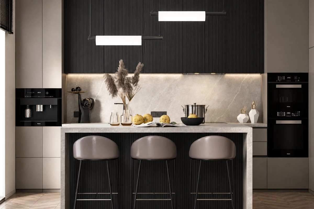 Fluted grey modern kitchen cabinet idea Fluted grey modern kitchen cabinets with light grey sintered stone countertop
