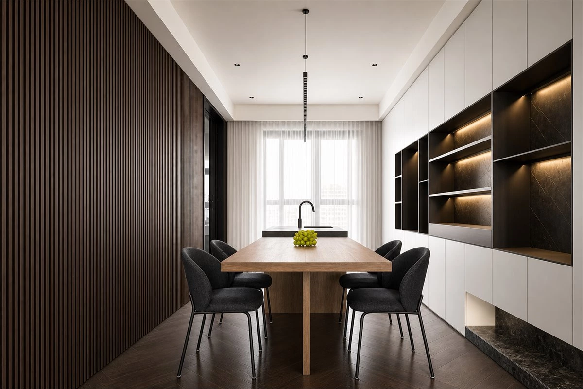 Fluted wood wainscoting with warm LED lighting in a custom home