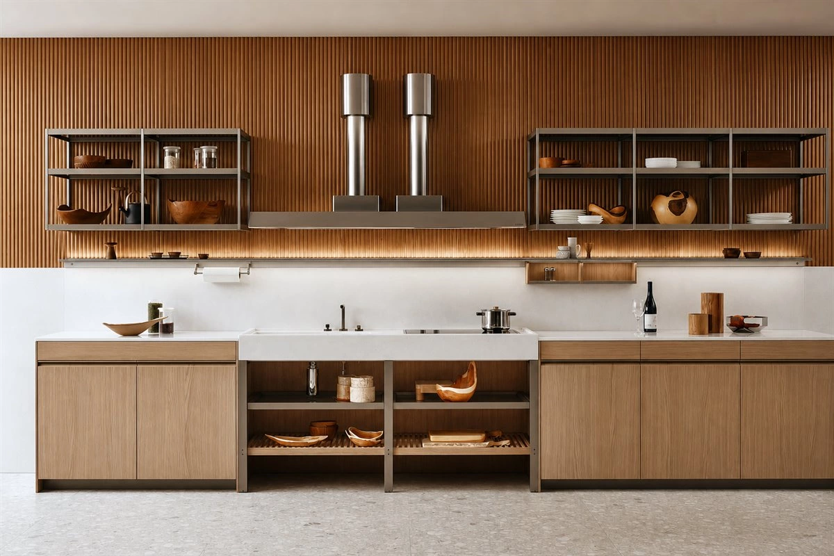 Galley kitchen with wood lattice and metal shelves Galley kitchen with wood lattice panel metal open shelves and stainless steel accents
