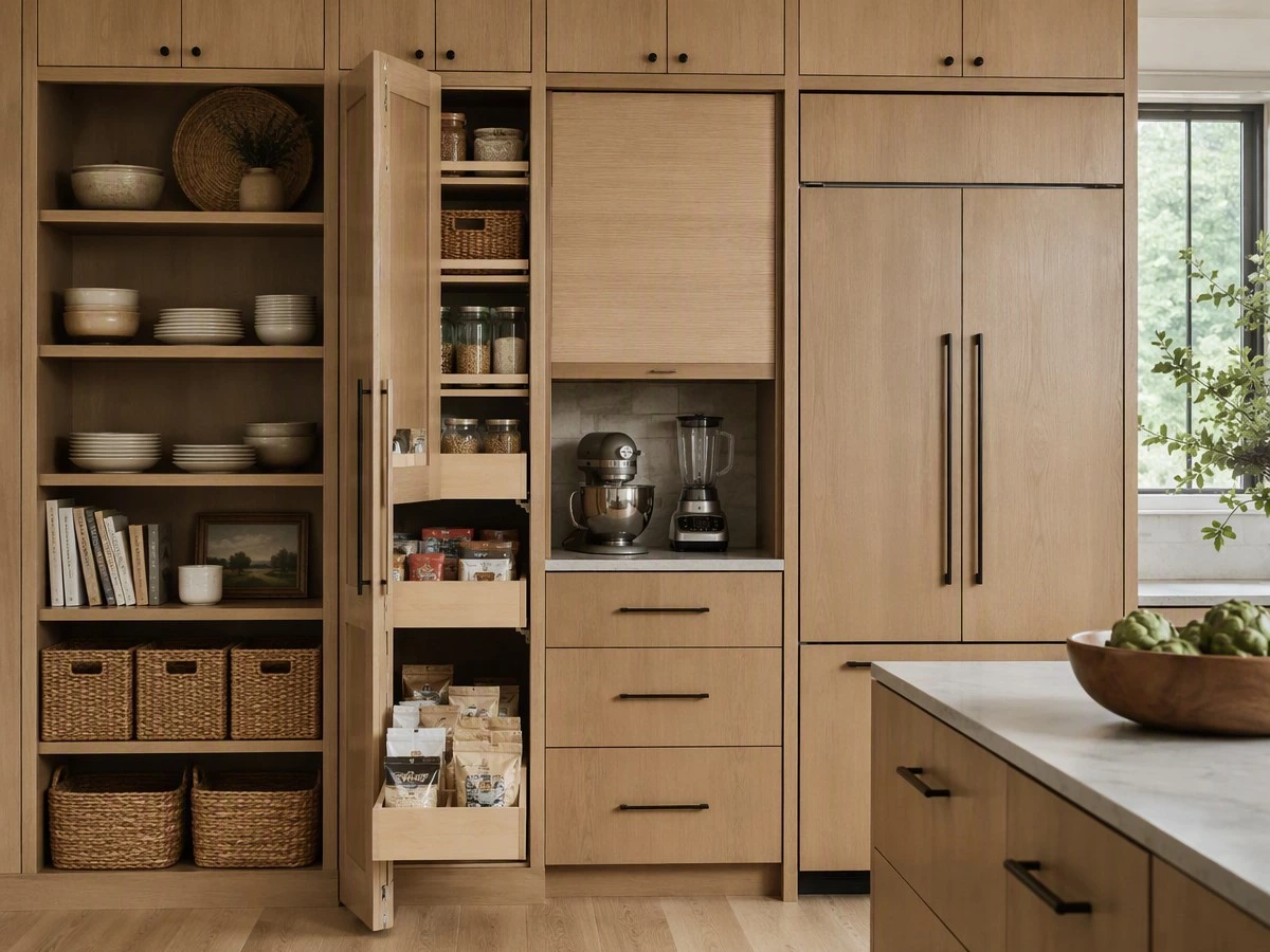 Full-height pantry cabinets and concealed appliance storage for a modern kitchen