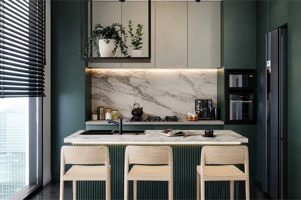 Green kitchen cabinets with fluted island, stone countertop, oak stools and integrated lighting