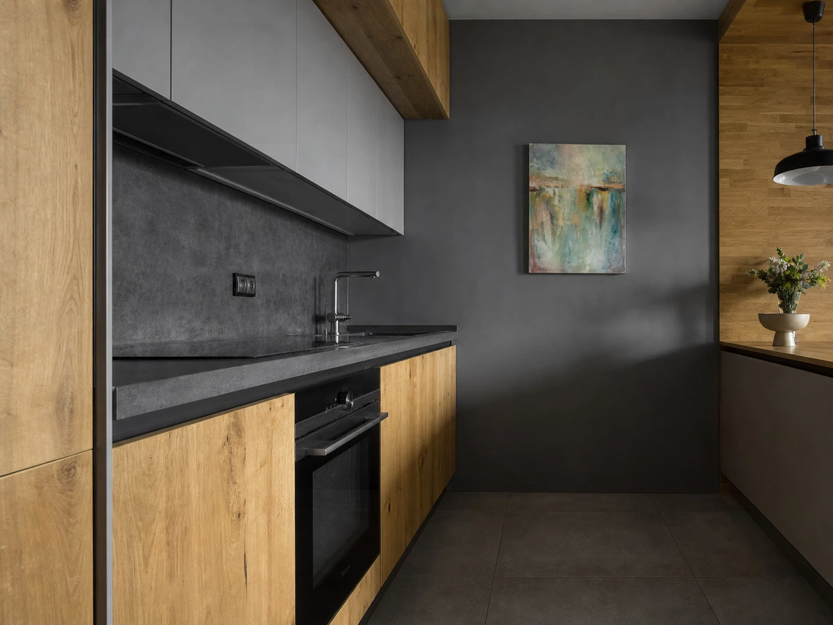 Natural oak base cabinet detail with grey kitchen cabinet fronts