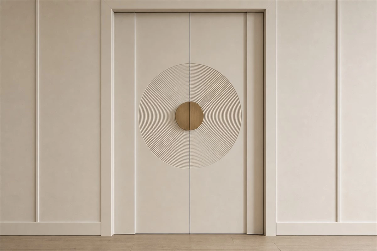 Grooved interior door panel with custom wood finish