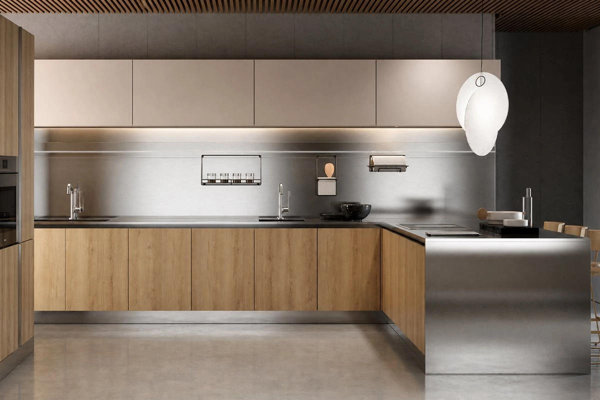 Handleless Stainless Steel L-Shaped Kitchen Handleless L-shaped kitchen with stainless steel, matte lacquer and wood