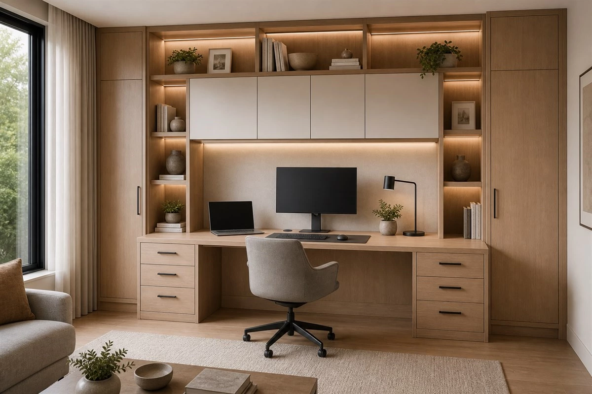 custom home office desk dimensions with chair clearance and storage planning