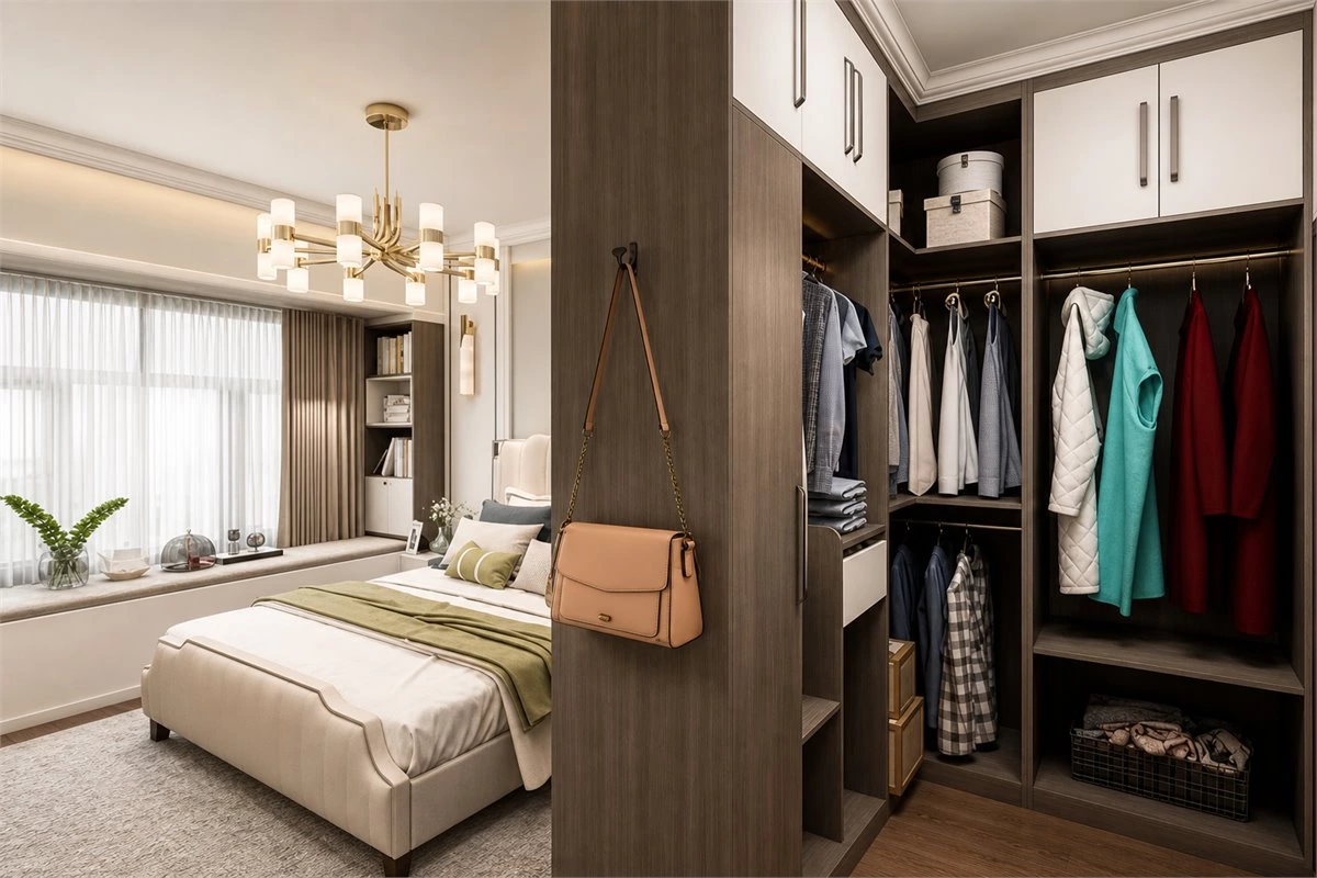 Integrated master bedroom walk-in closet with custom storage cabinets
