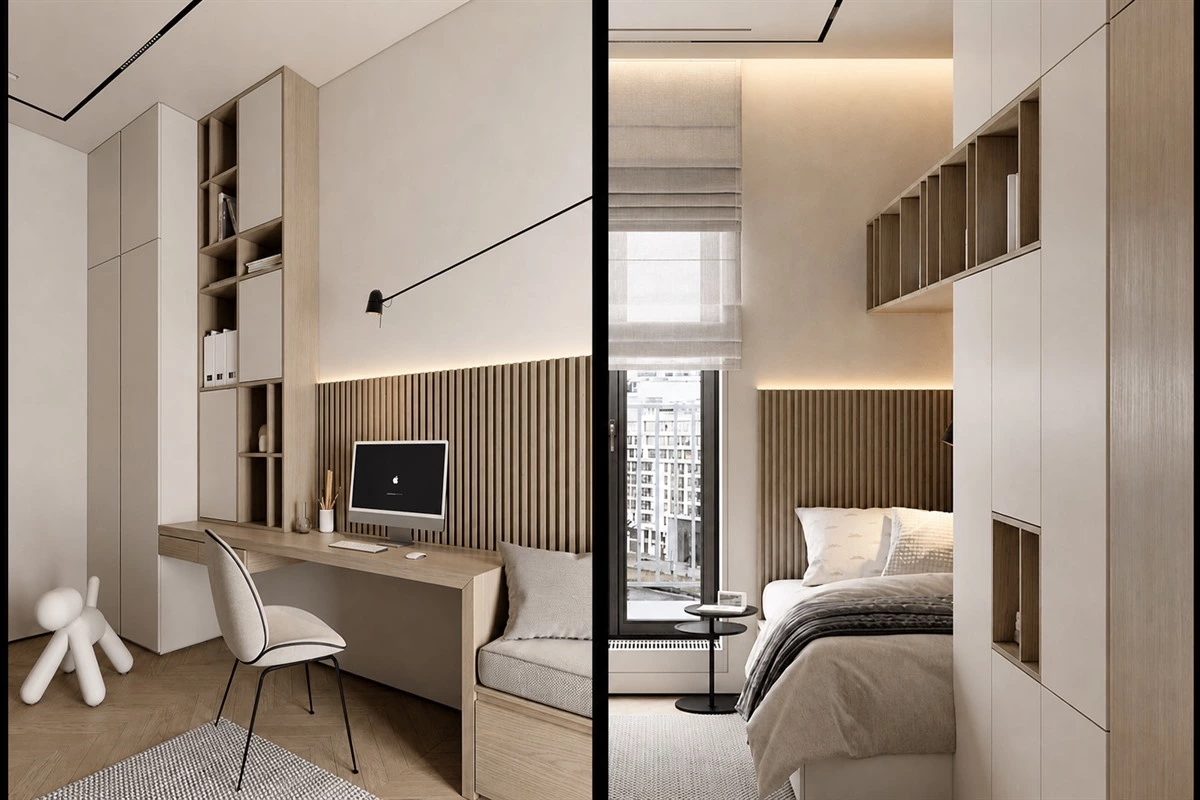 Kids bedroom set with integrated desk bench and fluted wall storage
