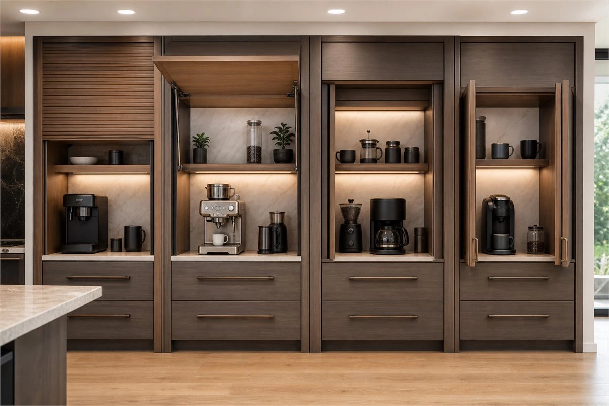 Kitchen appliance garage door styles including tambour lift-up pocket and bi-fold doors