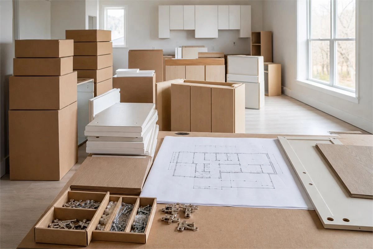 Numbered kitchen cabinet layout plan with organized cabinet boxes ready for installation
