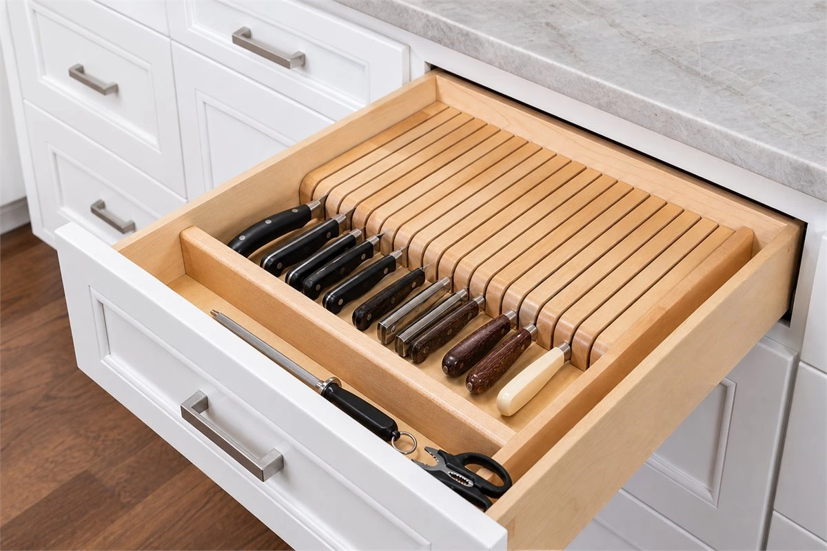 Organized kitchen knife drawer insert inside a custom base cabinet