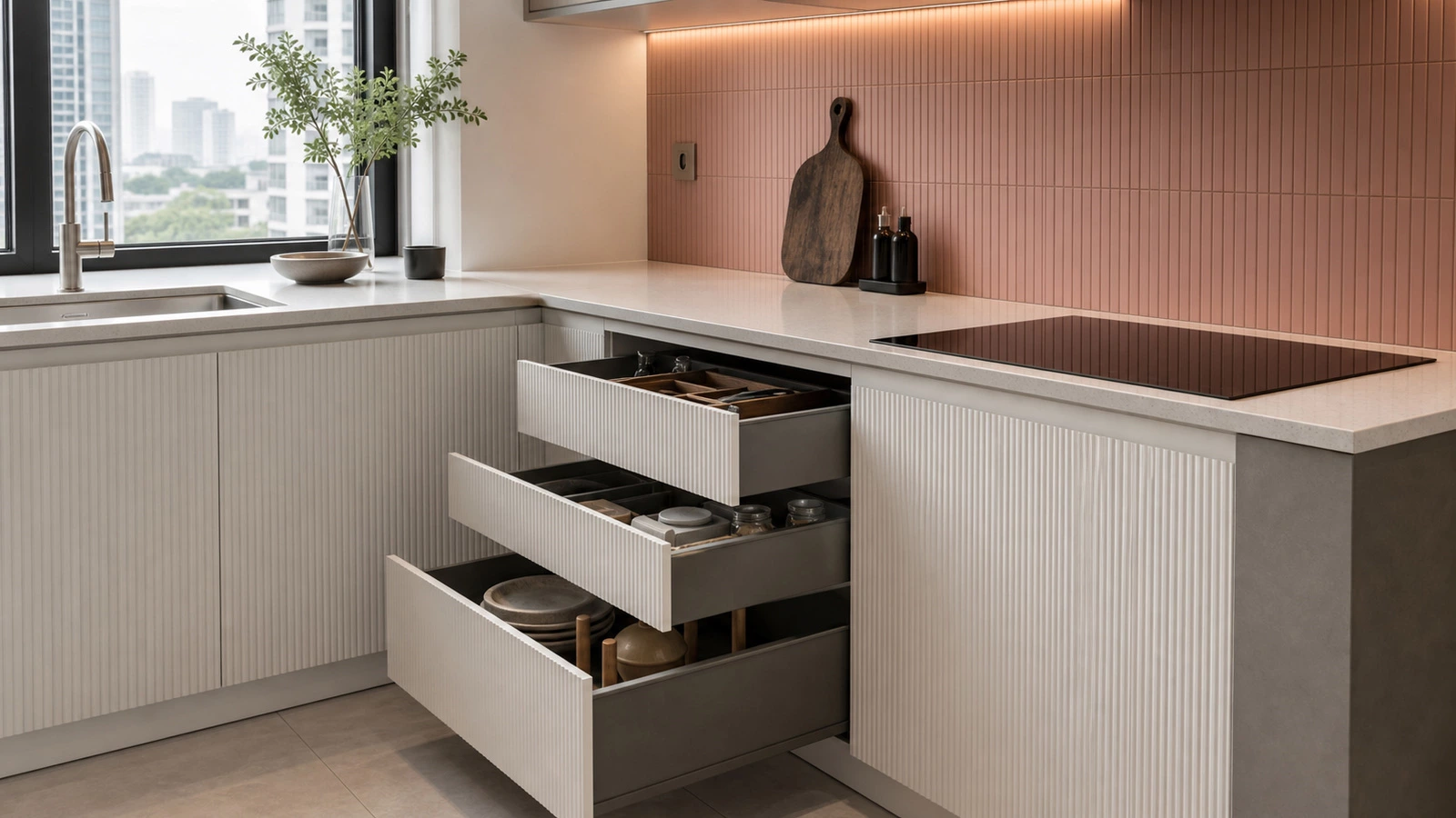 Partition wall with fixed shelves reducing visual bulk in an apartment