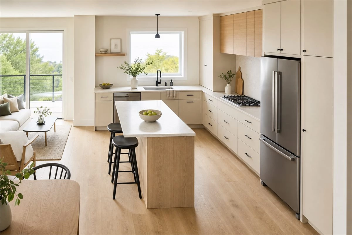 L-shaped kitchen with an efficient sink stove fridge triangle