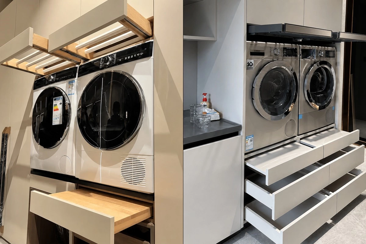 Laundry cabinet drawer beside washer dryer for cleaning supplies