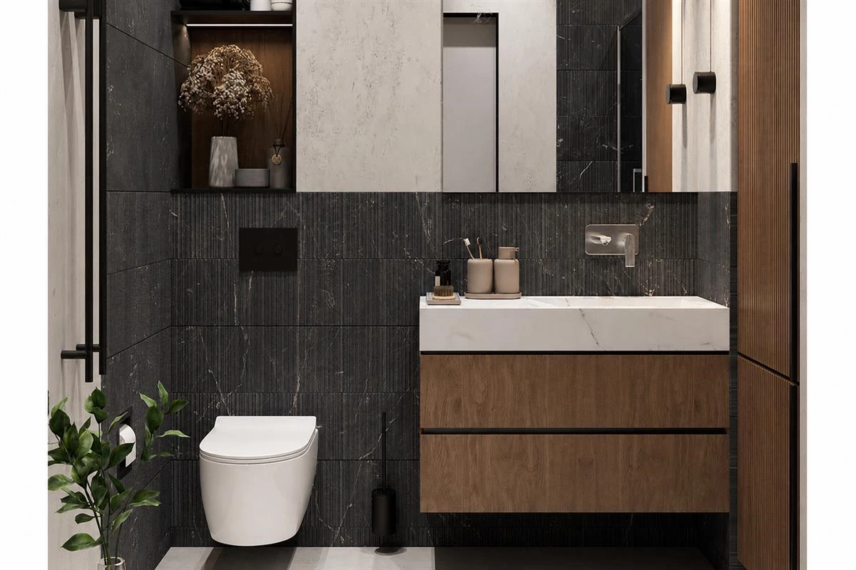 Layered bathroom vanity lighting with illuminated mirror and drawers