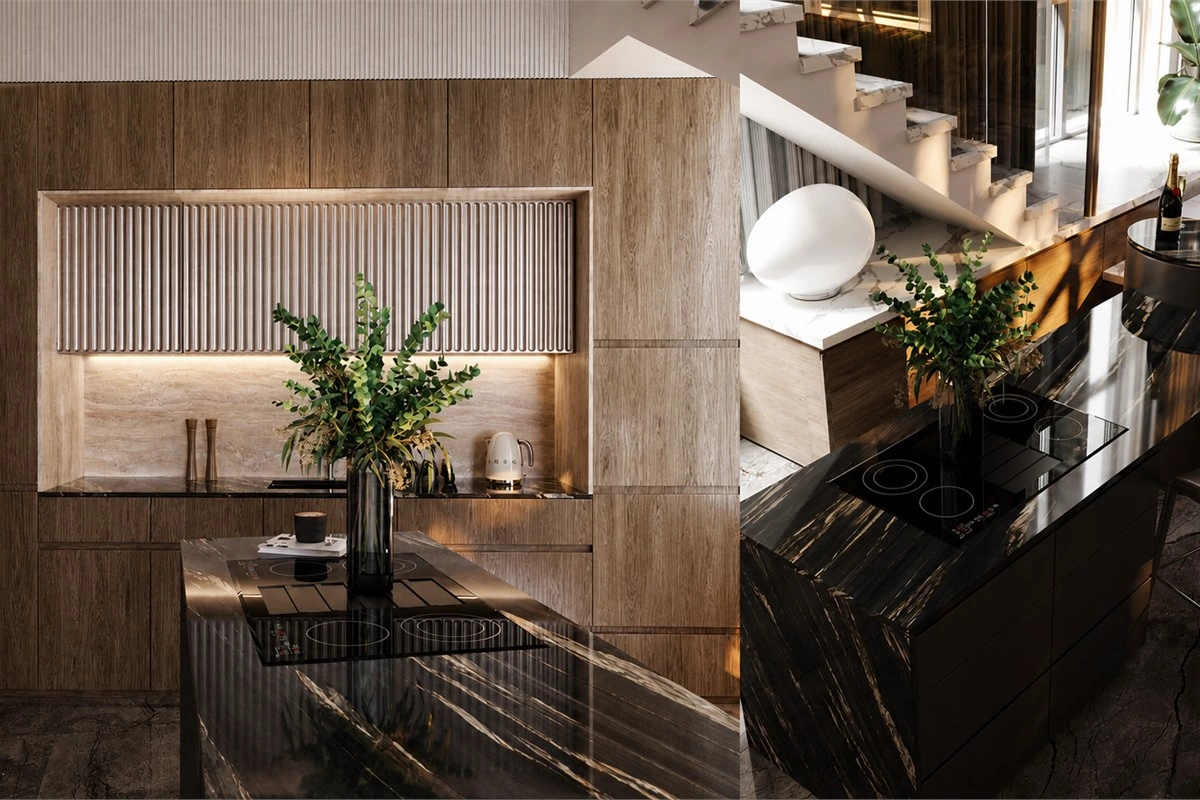 Luxury eat-in kitchen with marble island, cylindrical bar and textured wood storage