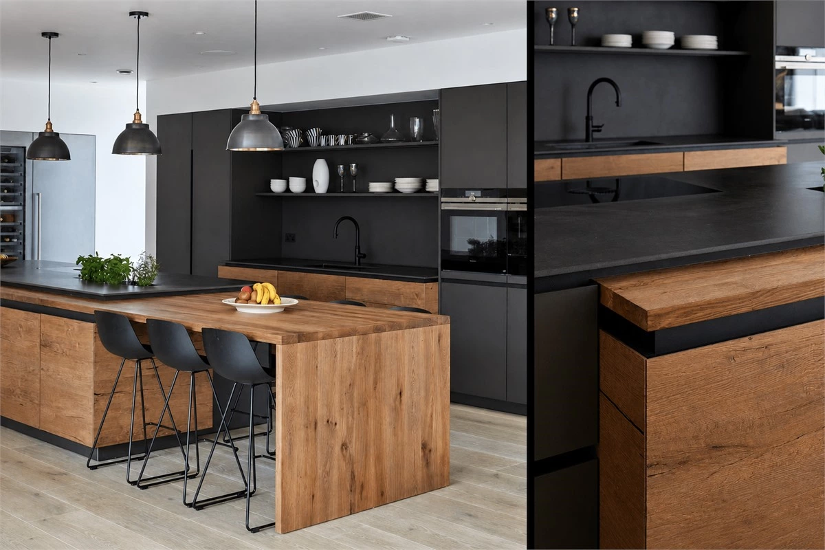 Matte black kitchen cabinets with oak veneer open shelving quartz countertop and versatile island