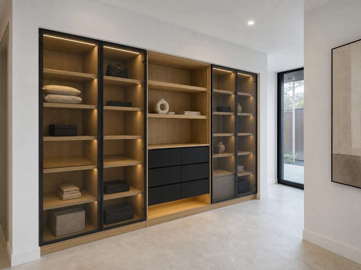 Glass drawer cabinetry in an open storage area of the Sydney villa