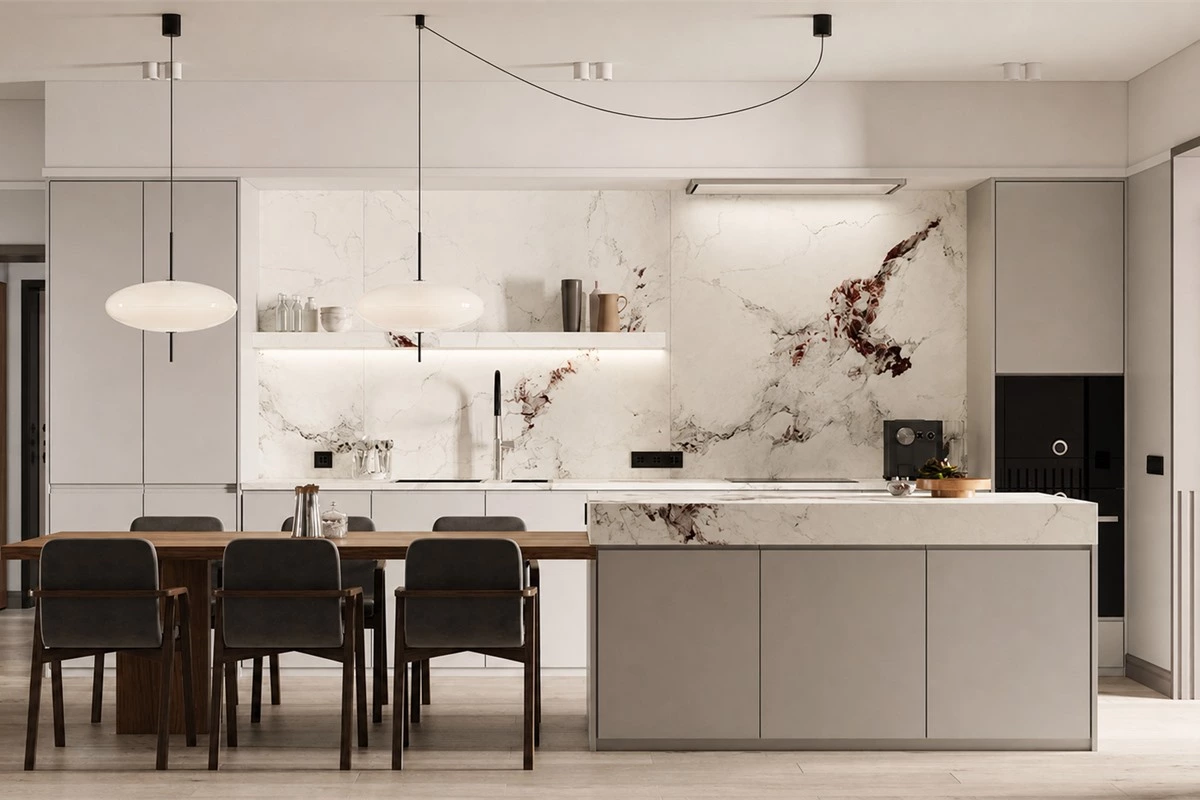 Minimalist kitchen with natural wood stone glass and metal materials