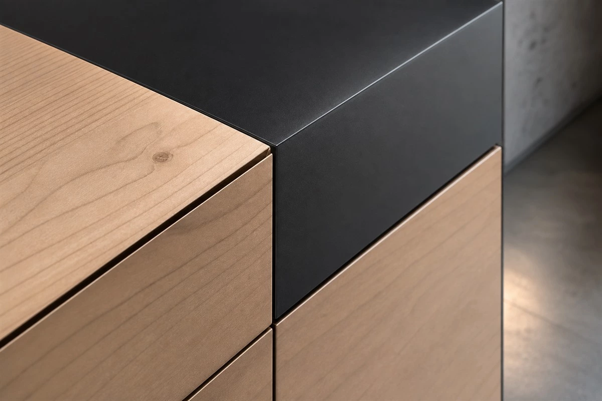 Mitered cabinet door edge transition with a 45-degree bevel