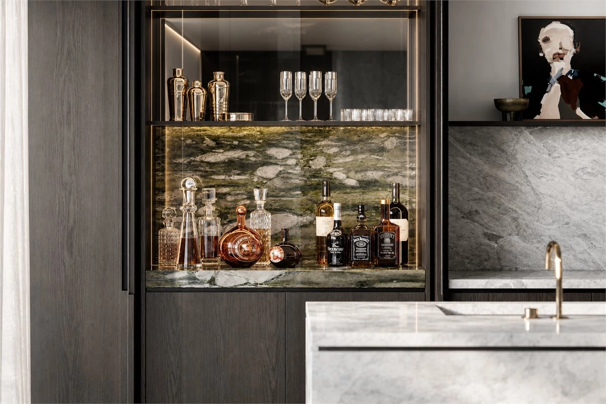 Modern Kitchen Wine Cabinet With Glassware Storage Modern kitchen wine cabinet with bottle storage and glassware display