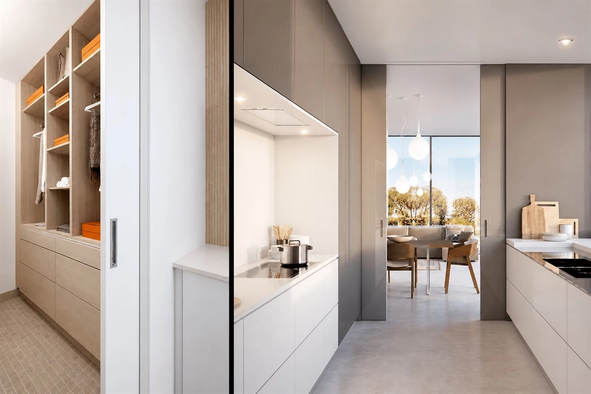 Modern pocket door materials and hardware in a custom interior