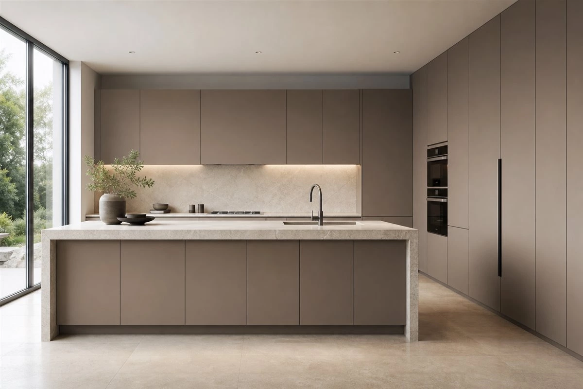 Modern matte slab flat-panel kitchen cabinets with integrated edge pulls