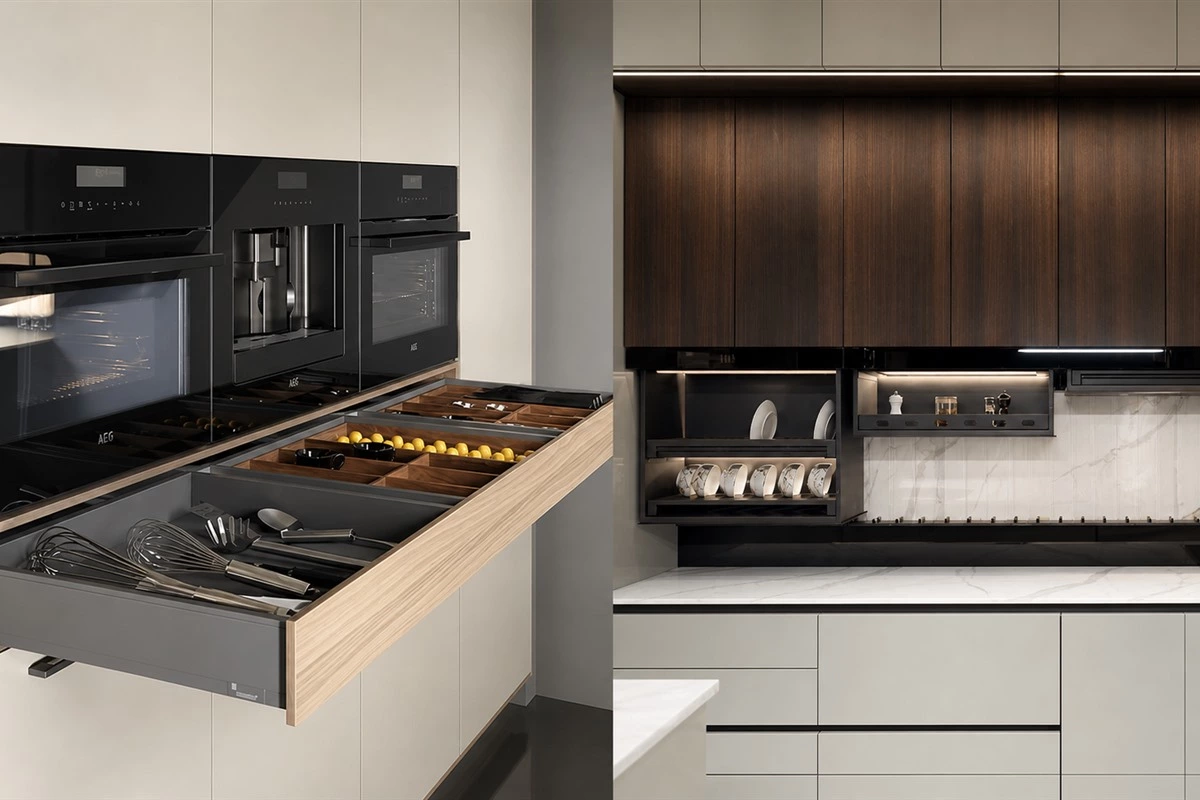 Modular kitchen cabinets with custom drawer organization