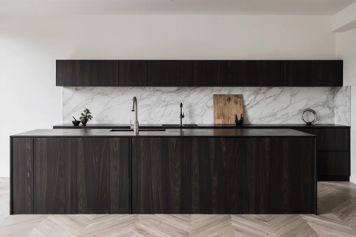 Natural marble backsplash between dark wood kitchen cabinets