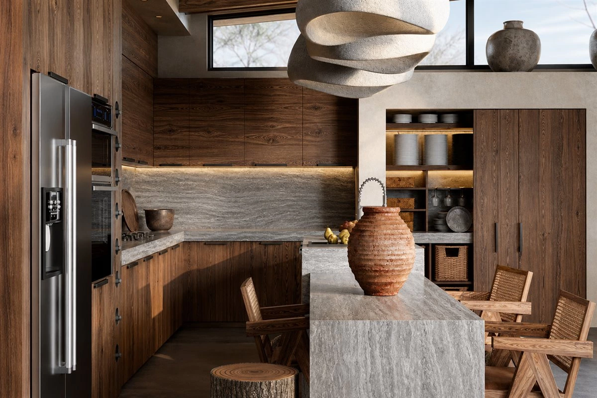 Natural wood cabinets with light gray stone countertop and wine storage