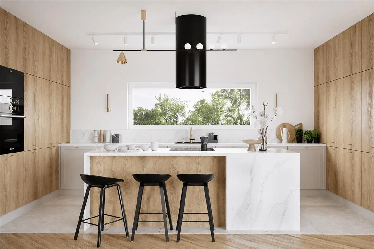Natural wood grain kitchen cabinet finish with white accents