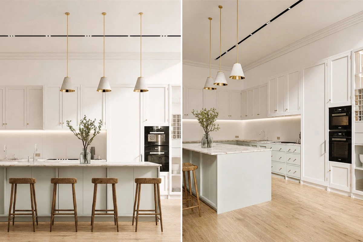 Natural wood Shaker kitchen cabinets with marble countertop