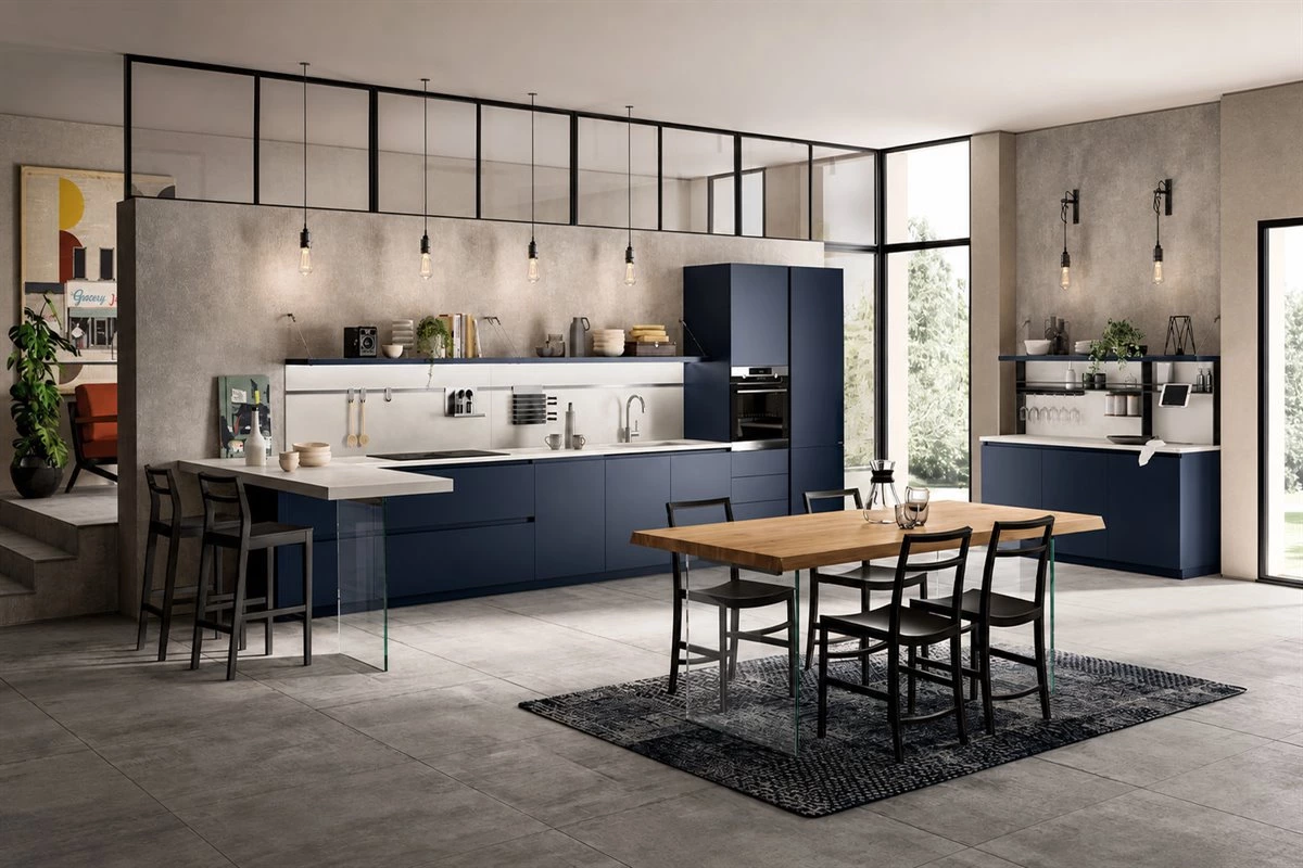 Navy blue lacquered kitchen cabinets with white countertop