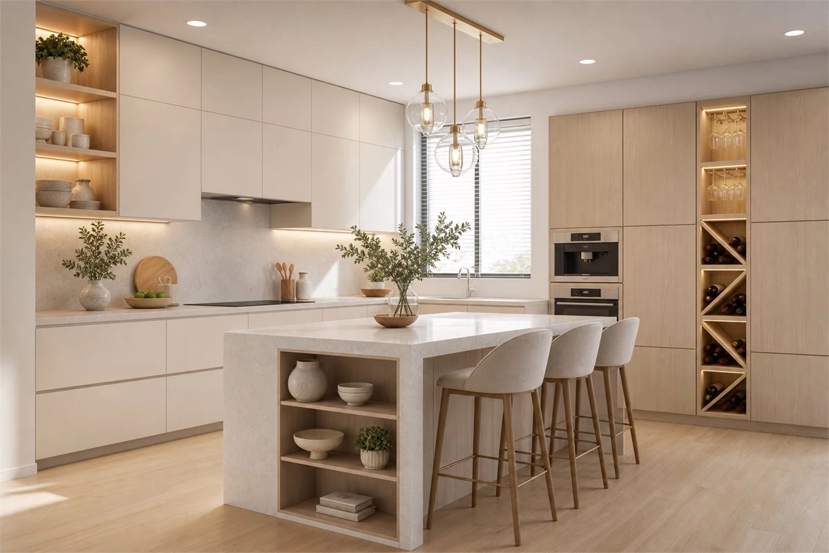 Neutral tone handleless kitchen cabinets with island seating and pendant lighting