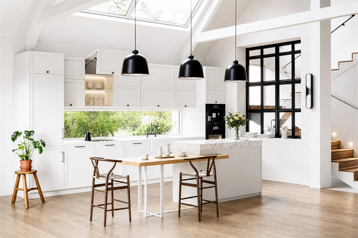 Open Integrated Kitchen with Lift-Up Wall Cabinets Open integrated kitchen with lift-up wall cabinets and white stone countertop