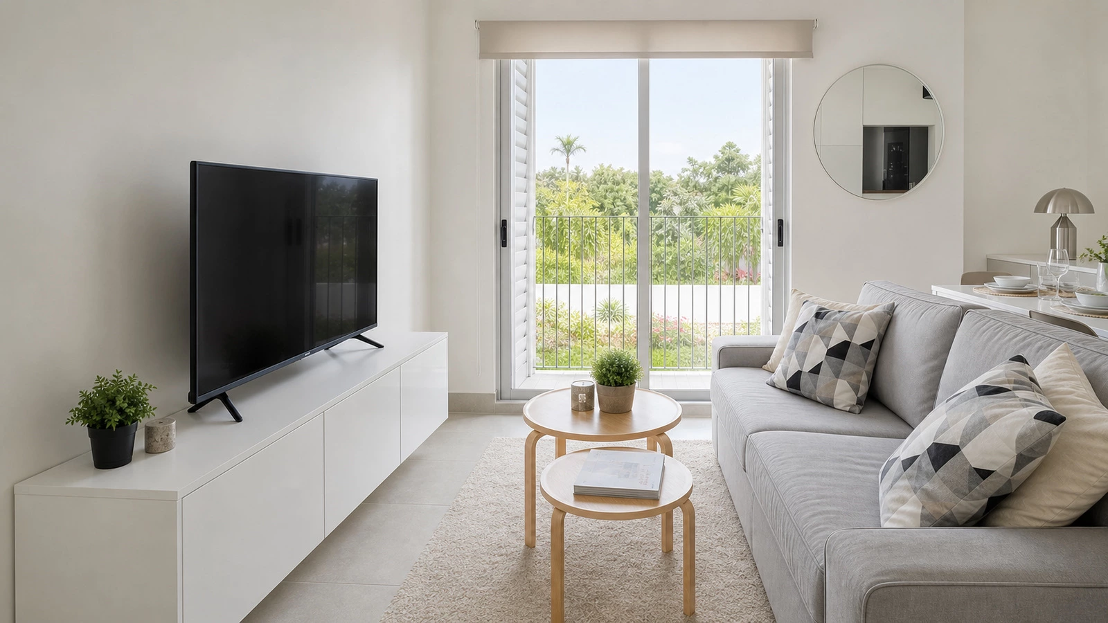 Pearl grey cabinetry coordinated with the apartment living area