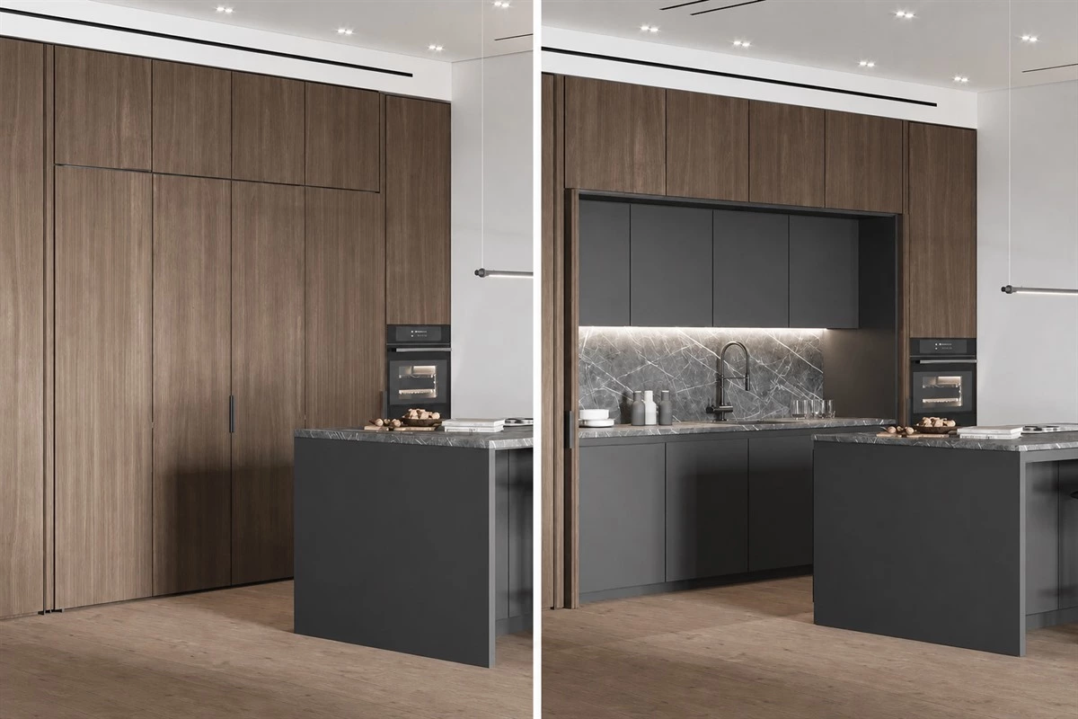 Pocket door kitchen cabinet concealing an appliance and work zone
