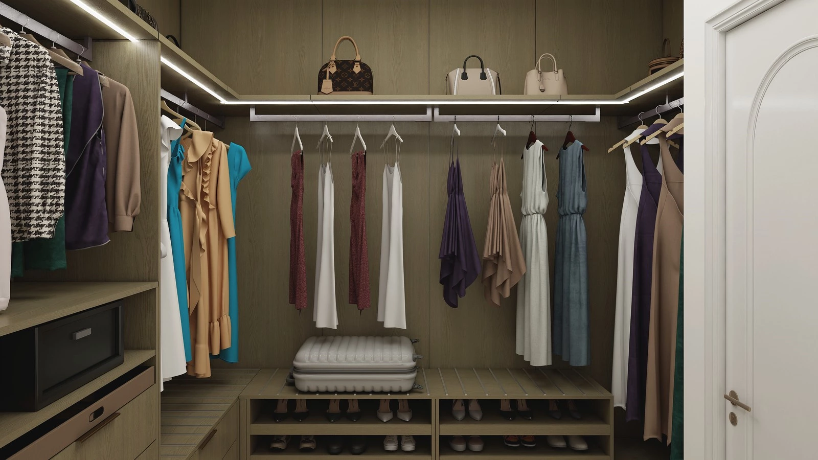L-shaped walk-in closet with hanging storage drawers and closed cabinets