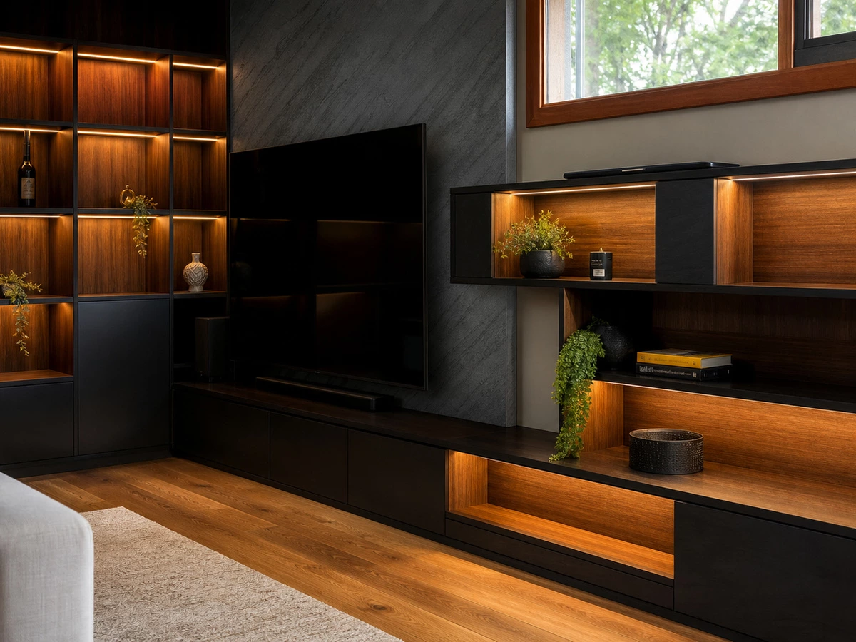 Warm wood open cabinet storage with integrated lighting in the villa