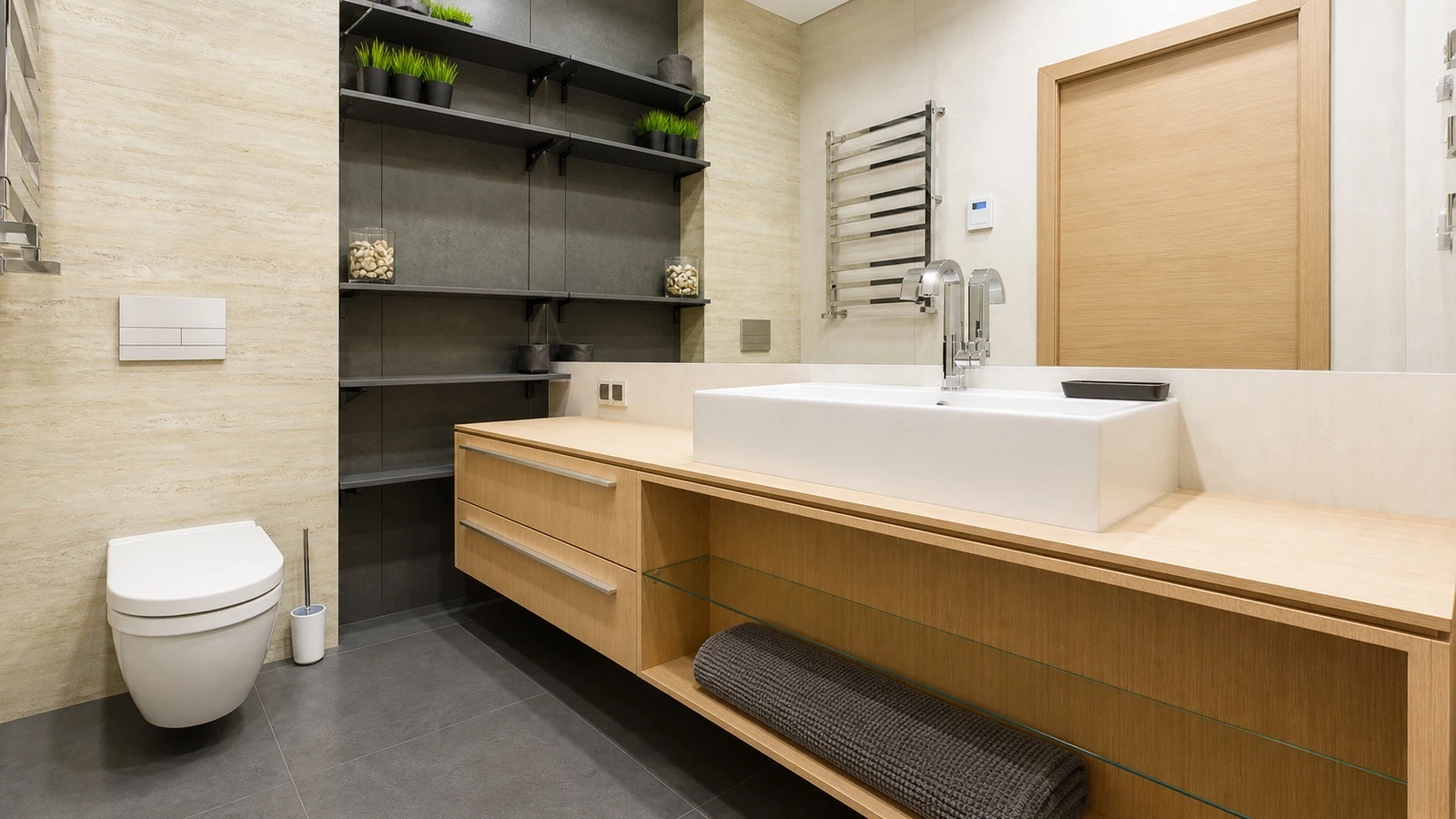 Simplified bathroom vanity with open shelving for small apartment storage