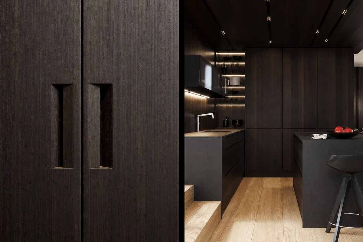 Smoked wood veneer finish for dark architectural millwork