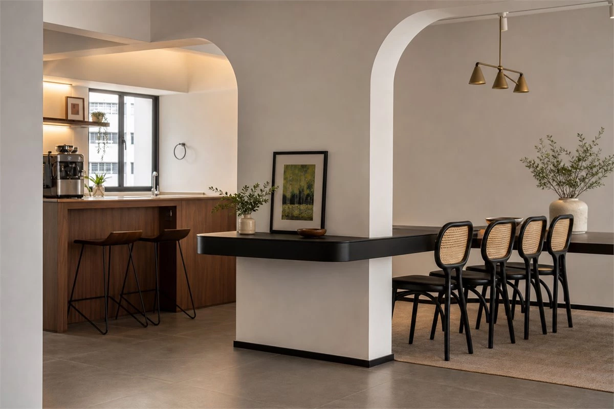 Custom dining table and display shelf built around a structural column