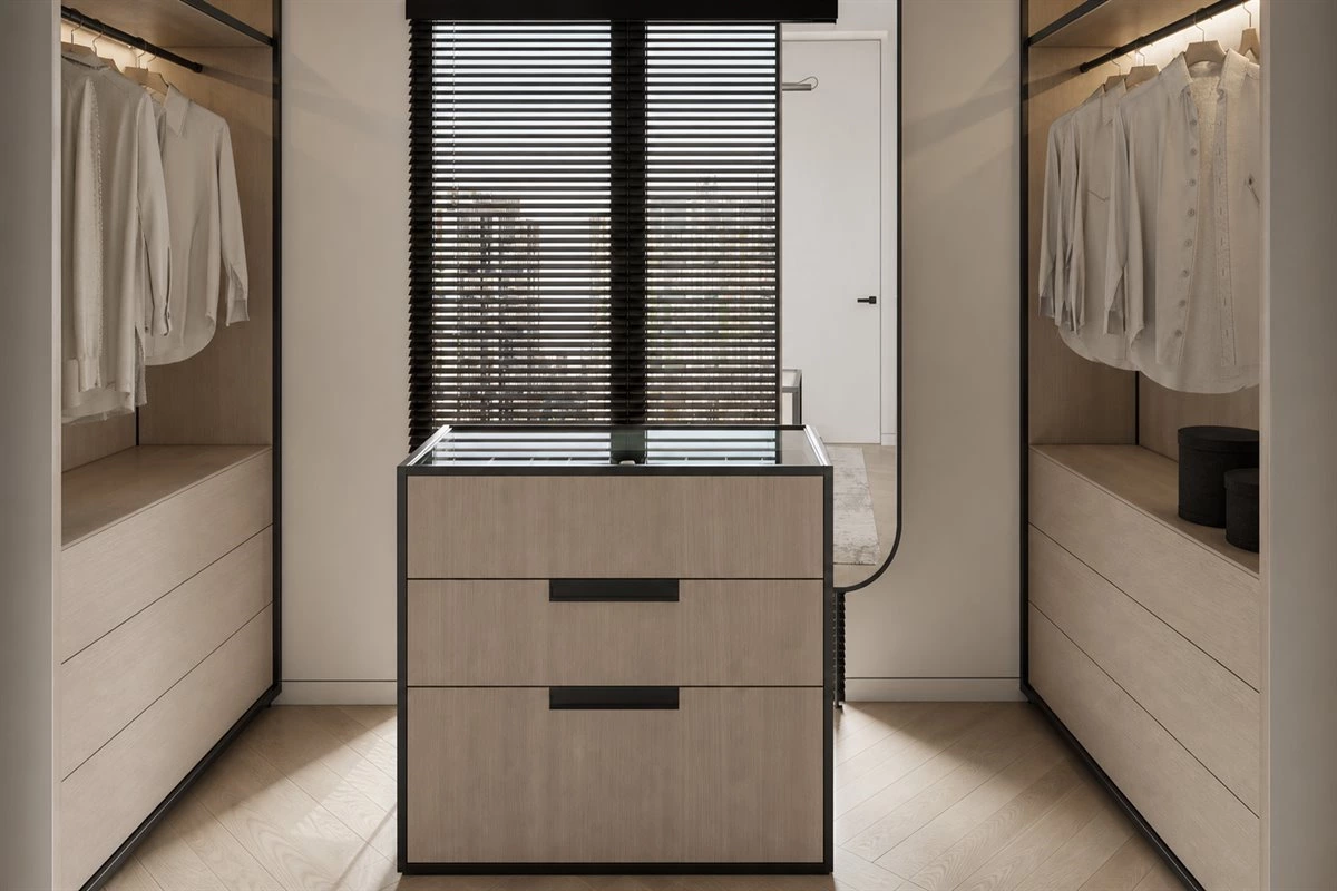 Symmetrical corridor walk-in closet with custom cabinets and center island storage