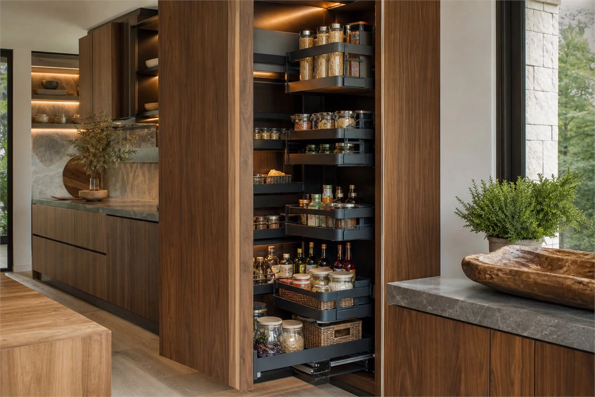 Tall pull-out pantry cabinet with organized shelves for kitchen storage